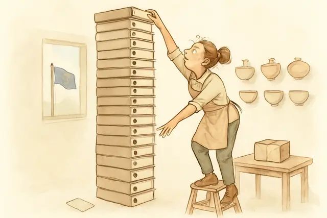 Karikatur zum Stück: Bürokratie im Karton: Wie die EU-Verpackungsverordnung den kleinen Online-Handel fragmentiert
