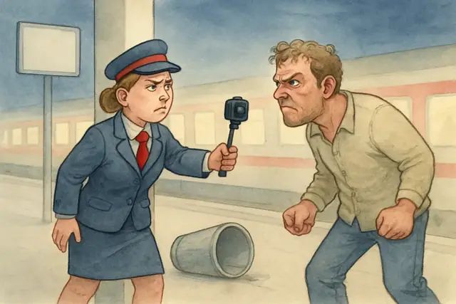 Karikatur zum Stück: Die Kamera dokumentiert den Angriff. Sie verhindert ihn nicht.
